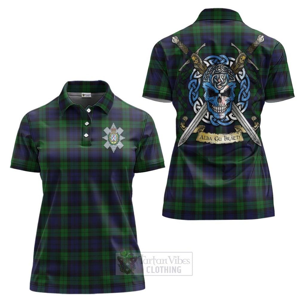 Tartan Vibes Clothing Black Watch Tartan Women's Polo Shirt with Family Crest Celtic Skull Style