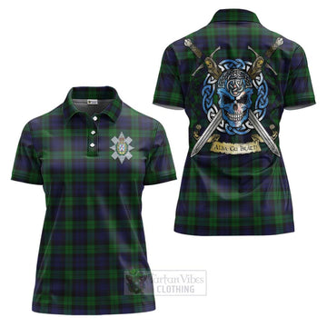 Black Watch Tartan Women's Polo Shirt with Family Crest Celtic Skull Style