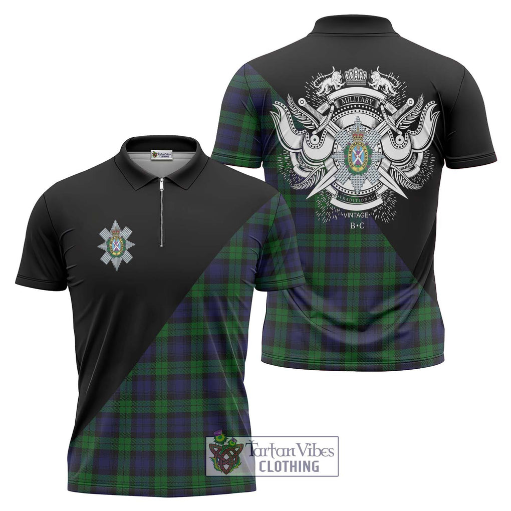 Black Watch Tartan Zipper Polo Shirt with Family Crest and Military Logo Style Unisex - Tartanvibesclothing Shop