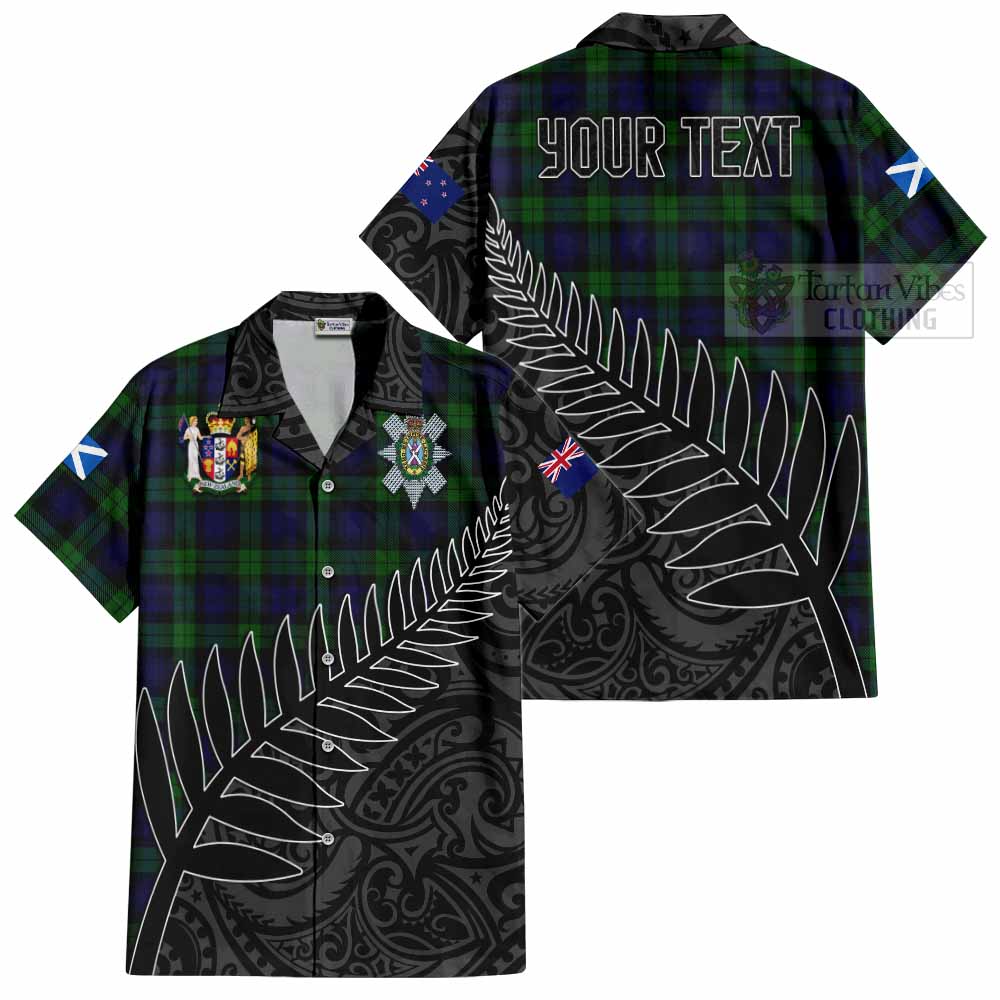 Tartan Vibes Clothing Black Watch Crest Tartan Short Sleeve Button Shirt with New Zealand Silver Fern Half Style