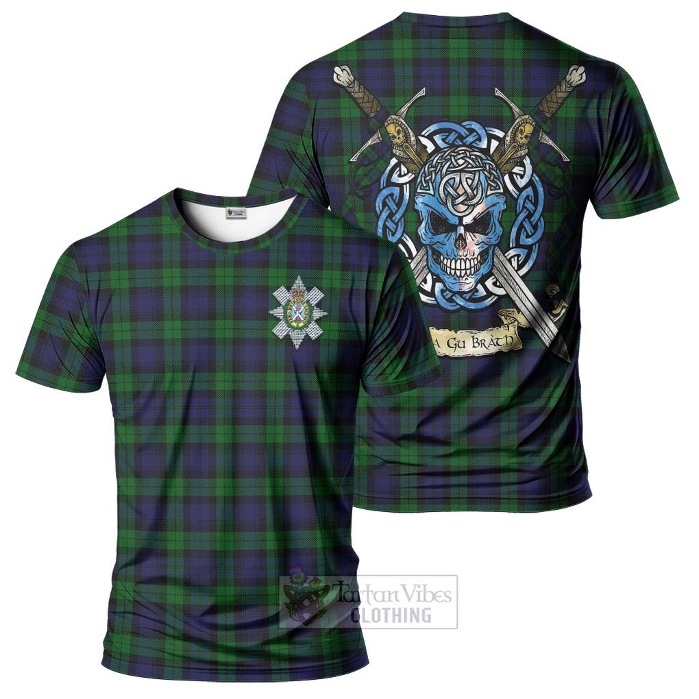 Tartan Vibes Clothing Black Watch Tartan T-Shirt with Family Crest Celtic Skull Style