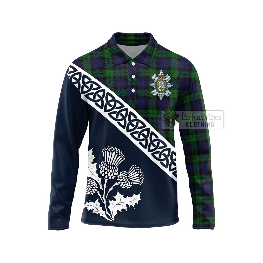 Tartan Vibes Clothing Black Watch Tartan Long Sleeve Polo Shirt Featuring Thistle and Scotland Map