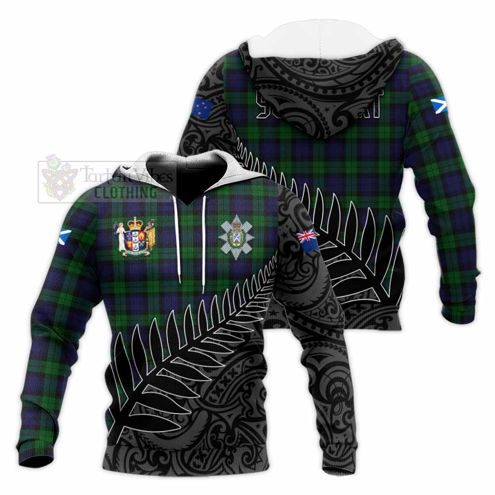 Tartan Vibes Clothing Black Watch Crest Tartan Knitted Hoodie with New Zealand Silver Fern Half Style