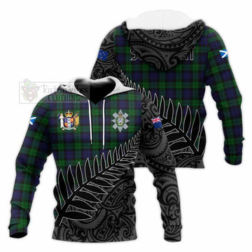 Black Watch Crest Tartan Knitted Hoodie with New Zealand Silver Fern Half Style