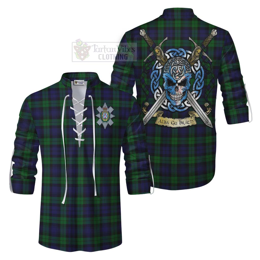 Tartan Vibes Clothing Black Watch Tartan Ghillie Kilt Shirt with Family Crest Celtic Skull Style