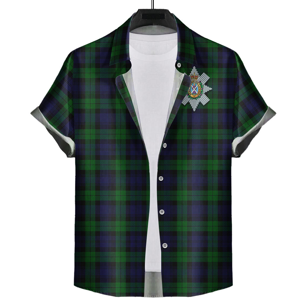 Black Watch Tartan Short Sleeve Button Down Shirt with Family Crest - Tartanvibesclothing