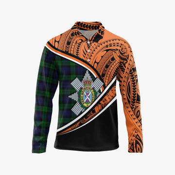 Black Watch Crest Tartan Long Sleeve Polo Shirt with Polynesian Vibes Style - Orange Version