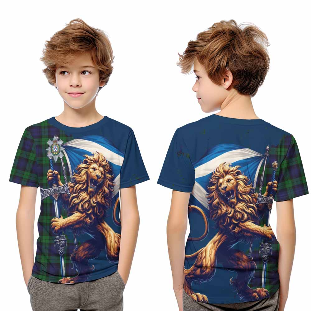 Tartan Vibes Clothing Black Watch Tartan Family Crest Kid T-Shirt with Scottish Majestic Lion