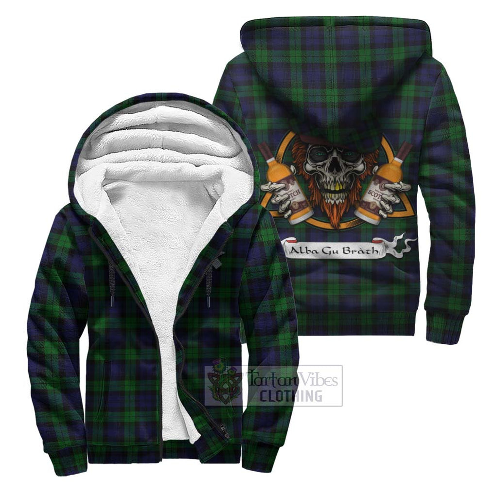 Tartan Vibes Clothing Black Watch Tartan Sherpa Hoodie with Family Crest and Bearded Skull Holding Bottles of Whiskey