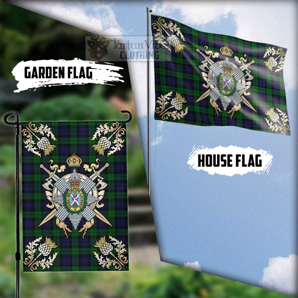 Tartan Vibes Clothing Black Watch Tartan Flag with Family Crest and Golden Thistle Crossed Sword Design