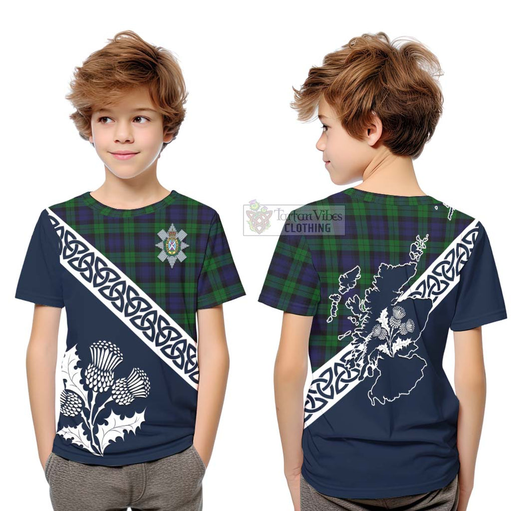 Tartan Vibes Clothing Black Watch Tartan Kid T-Shirt Featuring Thistle and Scotland Map