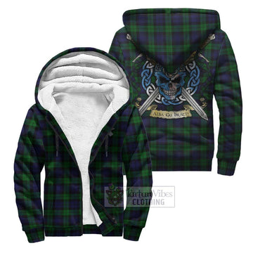 Black Watch Tartan Sherpa Hoodie with Family Crest Celtic Skull Style