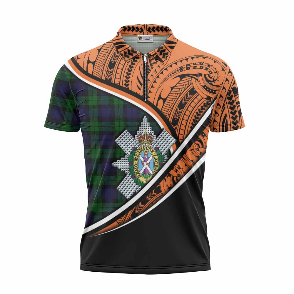 Tartan Vibes Clothing Black Watch Crest Tartan Zipper Polo Shirt with Maori Tattoo Style - Orange Version