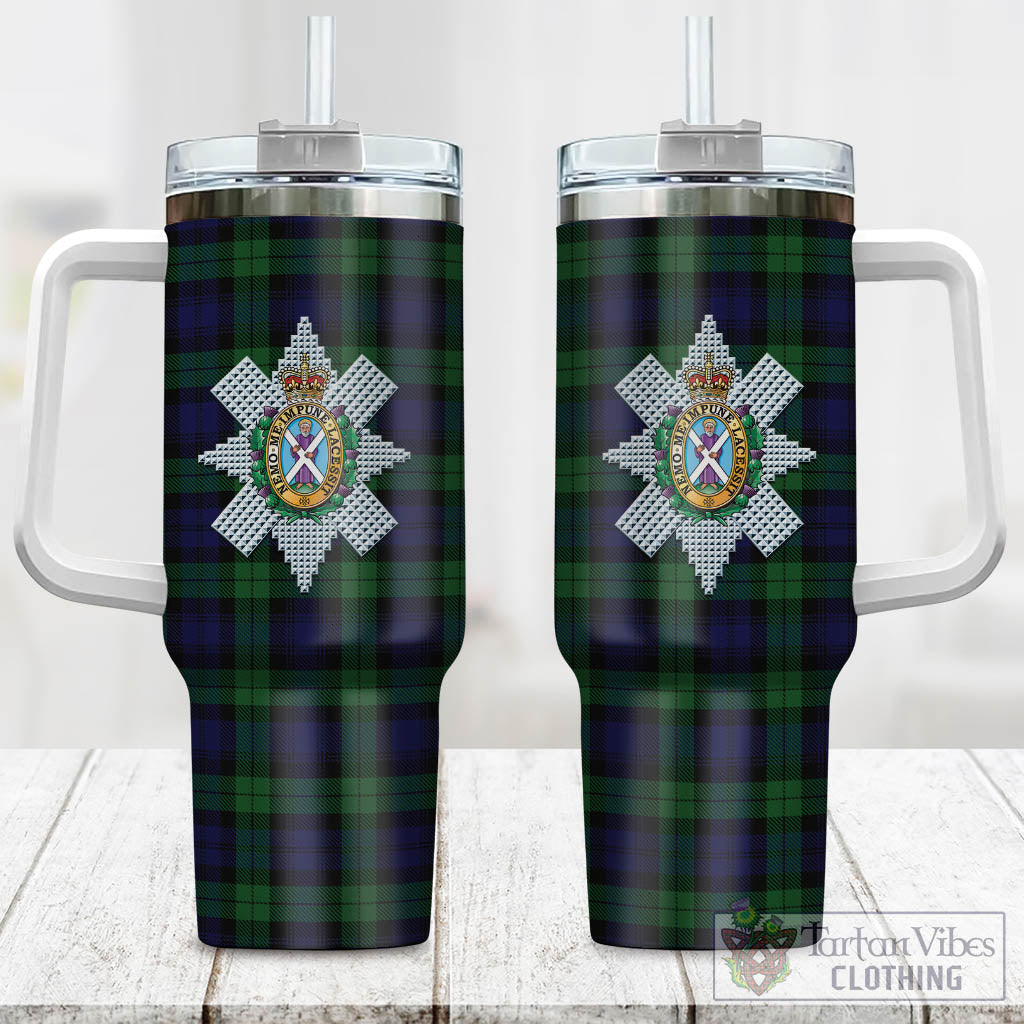 Tartan Vibes Clothing Black Watch Tartan and Family Crest Tumbler with Handle