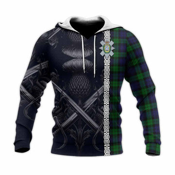 Black Watch Tartan Knitted Hoodie with Family Crest Cross Sword Thistle Celtic Vibes