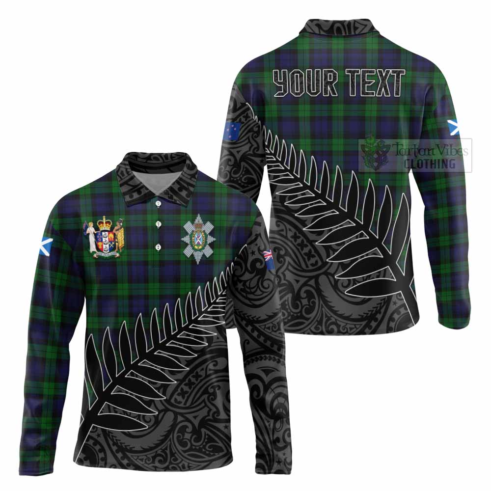 Tartan Vibes Clothing Black Watch Crest Tartan Long Sleeve Polo Shirt with New Zealand Silver Fern Half Style