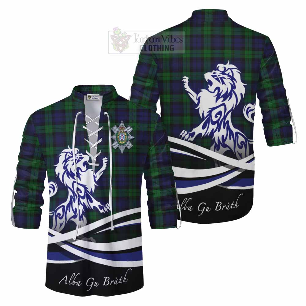 Tartan Vibes Clothing Black Watch Tartan Ghillie Kilt Shirt with Alba Gu Brath Regal Lion Emblem