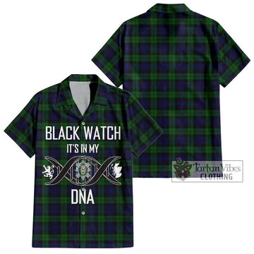 Black Watch Tartan Short Sleeve Button Shirt with Family Crest DNA In Me Style