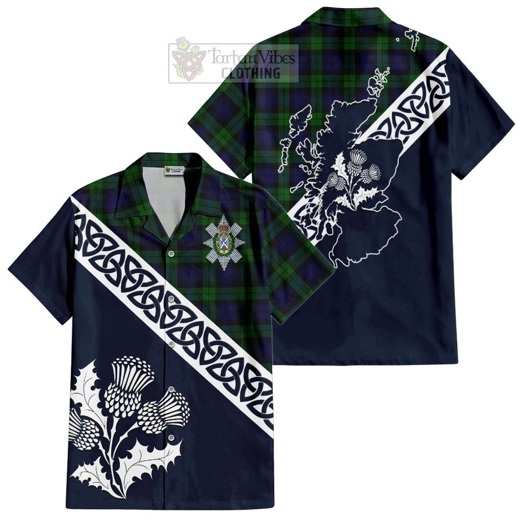 Tartan Vibes Clothing Black Watch Tartan Short Sleeve Button Shirt Featuring Thistle and Scotland Map