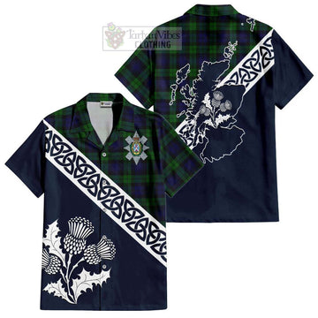 Black Watch Tartan Short Sleeve Button Shirt Featuring Thistle and Scotland Map