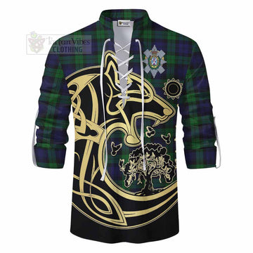 Black Watch Tartan Ghillie Kilt Shirt with Family Crest Celtic Wolf Style