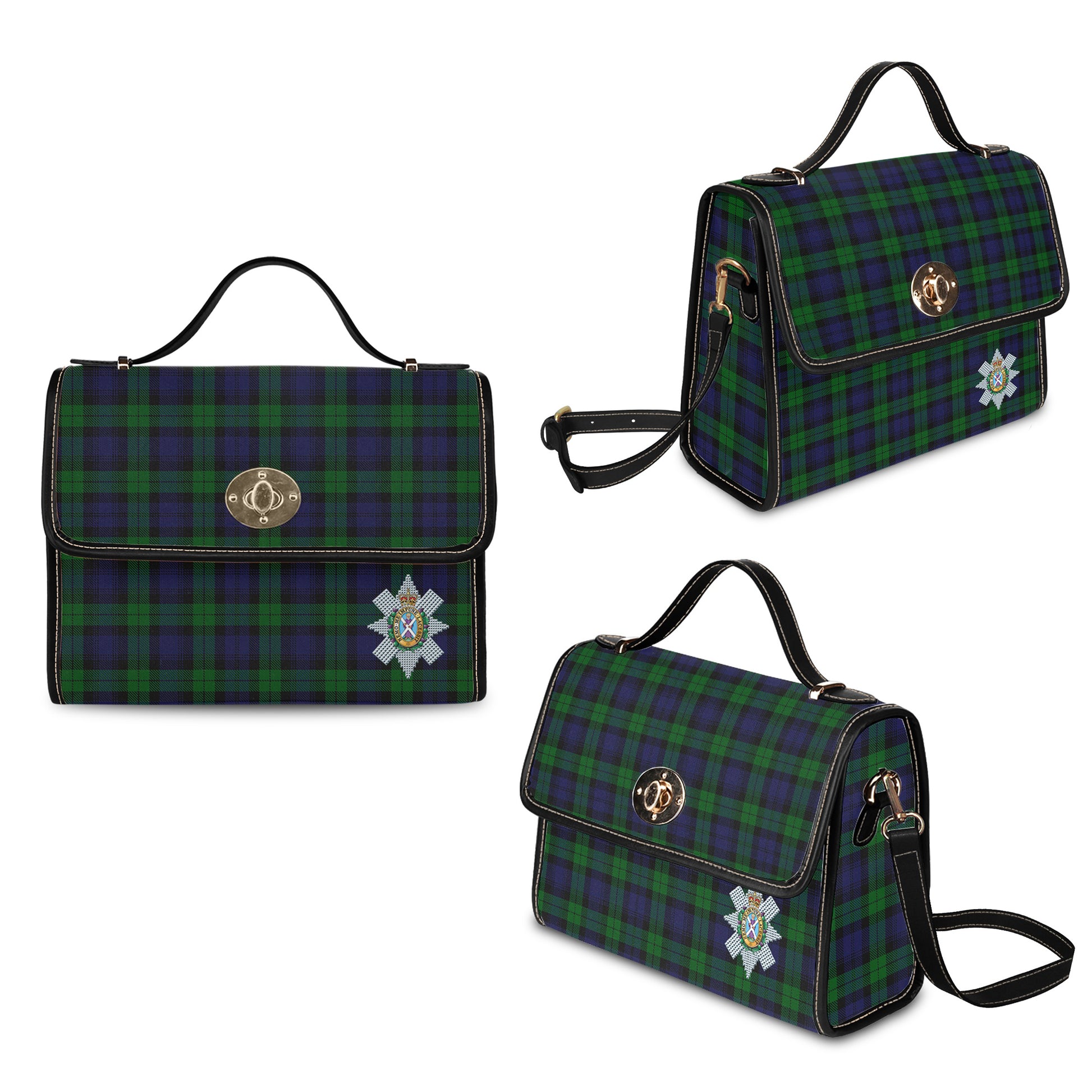 Black Watch Tartan Leather Strap Waterproof Canvas Bag with Family Crest - Tartanvibesclothing