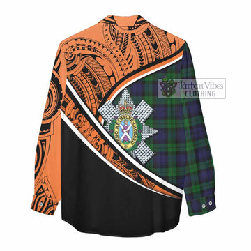 Black Watch Crest Tartan Women's Casual Shirt with Polynesian Vibes Style - Orange Version