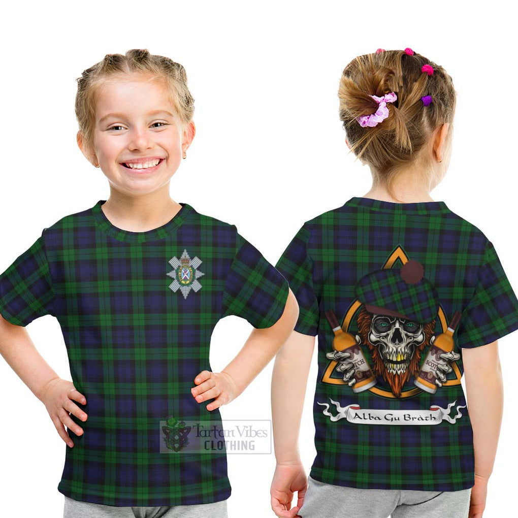 Tartan Vibes Clothing Black Watch Tartan Kid T-Shirt with Family Crest and Bearded Skull Holding Bottles of Whiskey