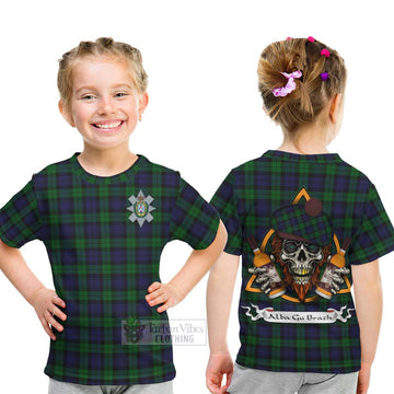 Black Watch Tartan Kid T-Shirt with Family Crest and Bearded Skull Holding Bottles of Whiskey