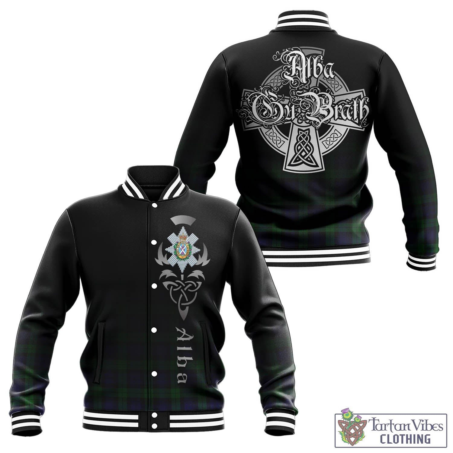 Tartan Vibes Clothing Black Watch Tartan Baseball Jacket Featuring Alba Gu Brath Family Crest Celtic Inspired