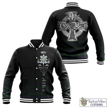 Black Watch Tartan Baseball Jacket Featuring Alba Gu Brath Family Crest Celtic Inspired