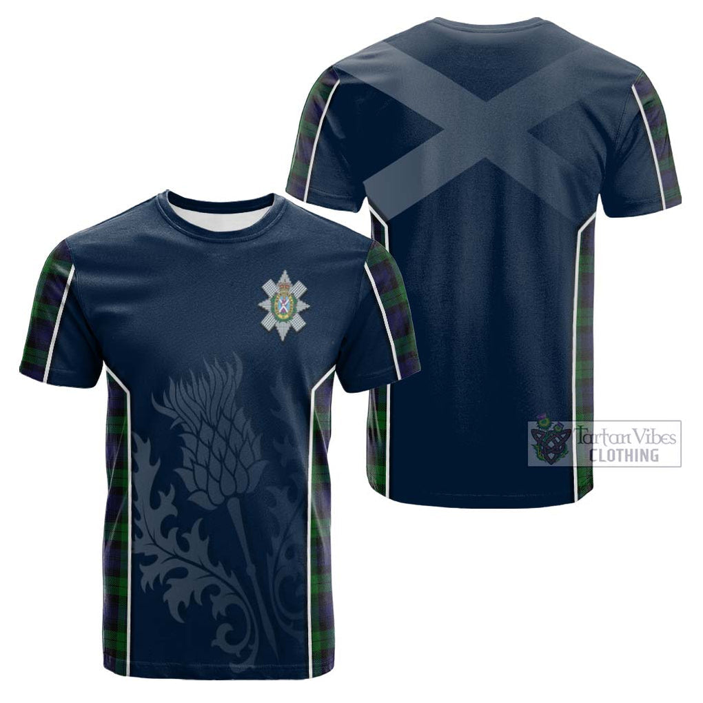 Tartan Vibes Clothing Black Watch Tartan Cotton T-shirt with Family Crest and Scottish Thistle Vibes Sport Style