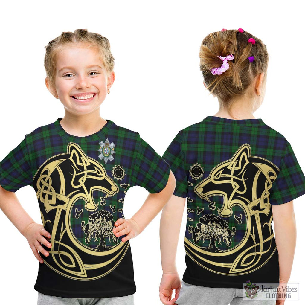 Black Watch Tartan Kid T-Shirt with Family Crest Celtic Wolf Style - Tartan Vibes Clothing