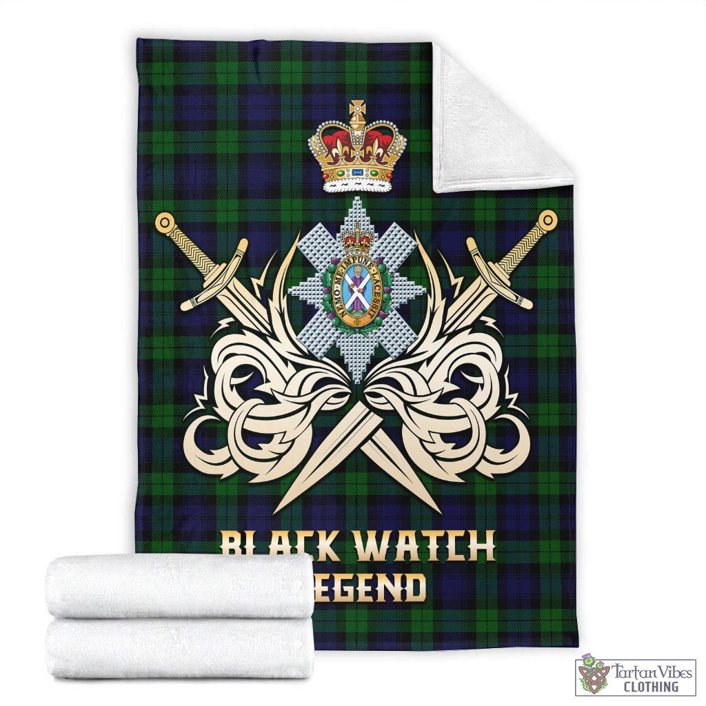 Tartan Vibes Clothing Black Watch Tartan Blanket with Clan Crest and the Golden Sword of Courageous Legacy