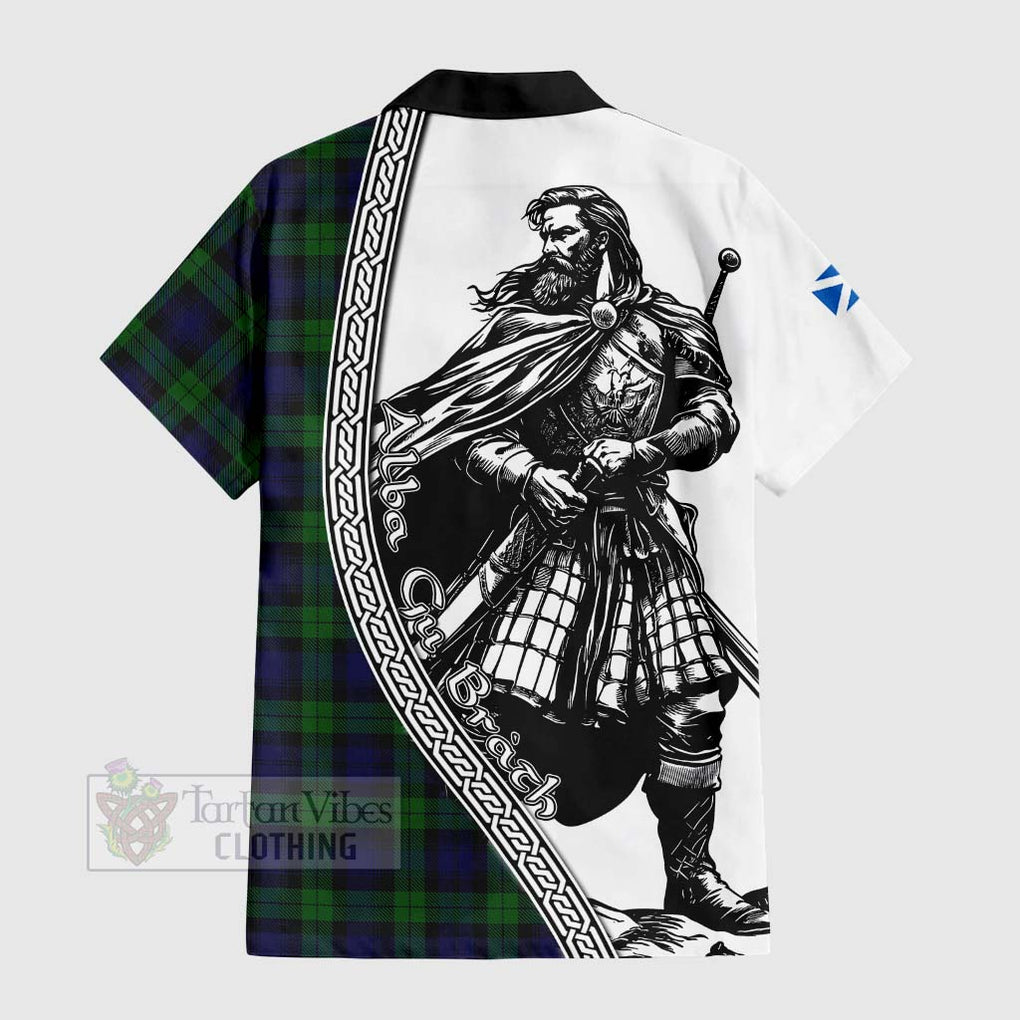 Tartan Vibes Clothing Black Watch Tartan Clan Crest Short Sleeve Button Shirt with Highlander Warrior Celtic Style