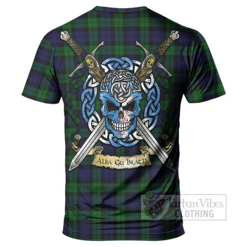 Black Watch Tartan T-Shirt with Family Crest Celtic Skull Style