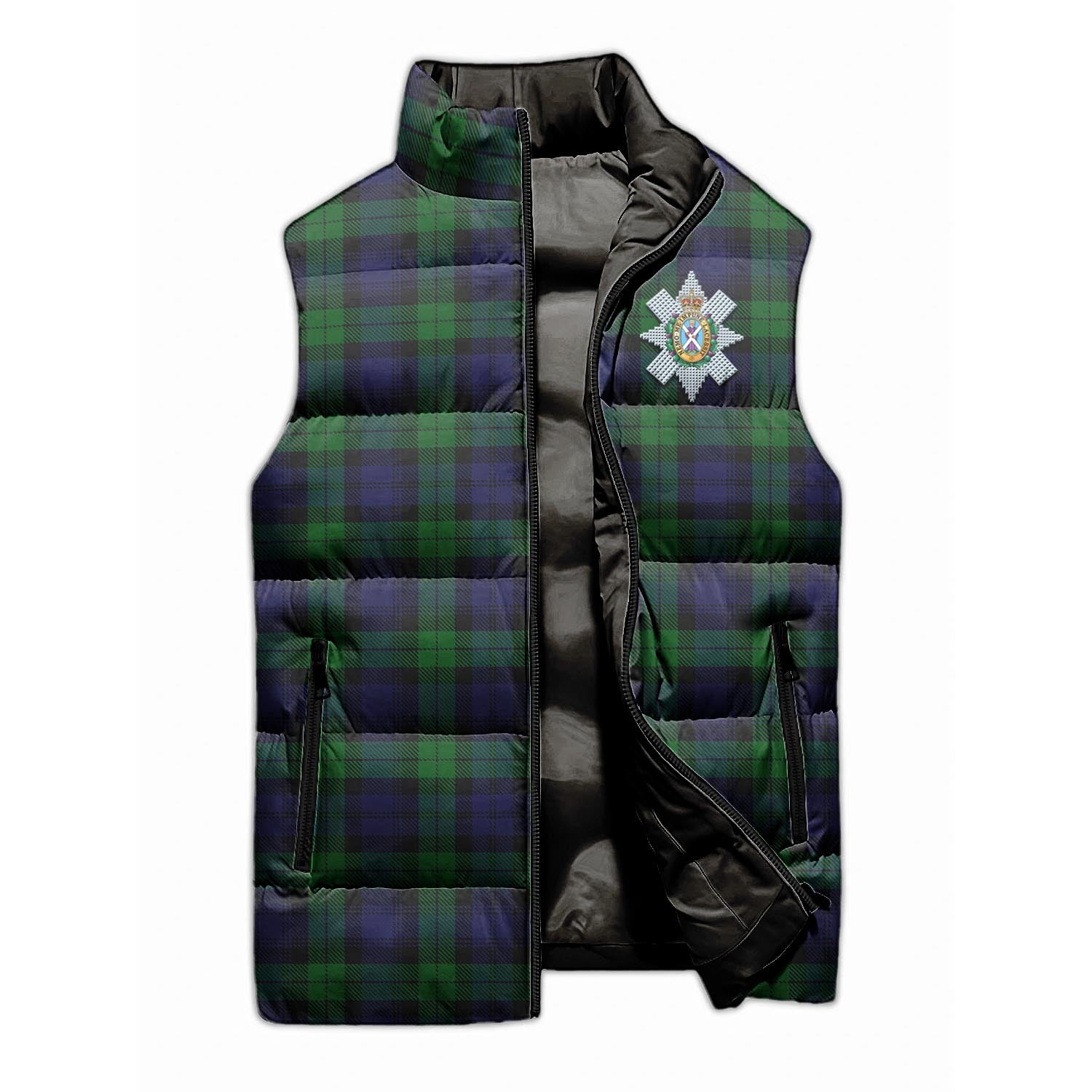 Black Watch Tartan Sleeveless Puffer Jacket with Family Crest - Tartanvibesclothing