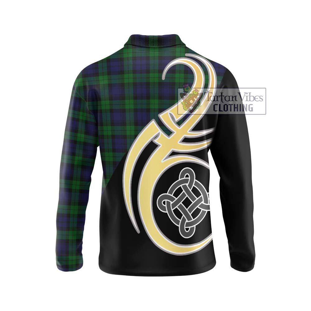 Black Watch Tartan Long Sleeve Polo Shirt with Family Crest and Celtic Symbol Style - Tartan Vibes Clothing