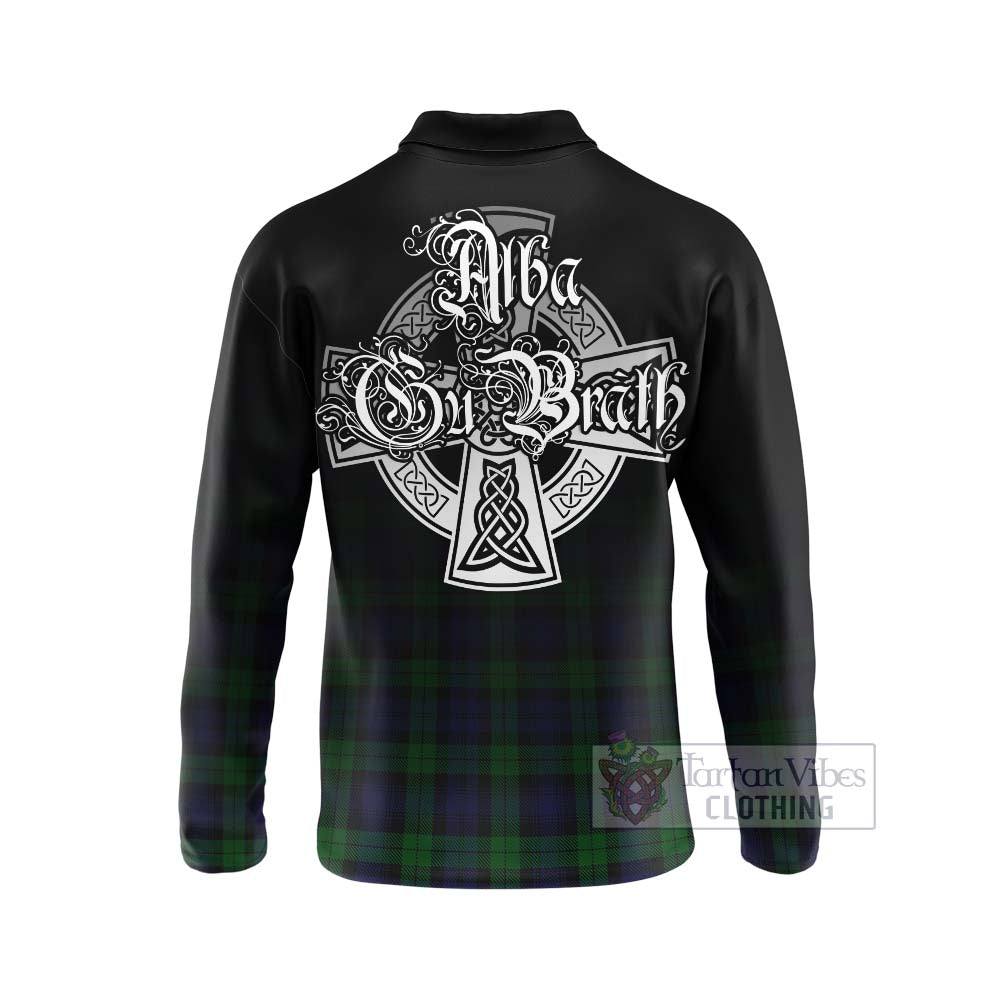 Tartan Vibes Clothing Black Watch Tartan Long Sleeve Polo Shirt Featuring Alba Gu Brath Family Crest Celtic Inspired