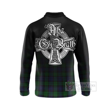 Black Watch Tartan Long Sleeve Polo Shirt Featuring Alba Gu Brath Family Crest Celtic Inspired