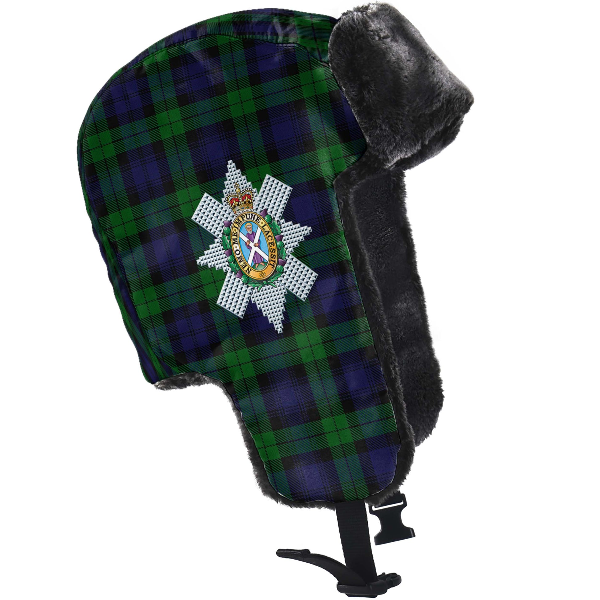 Black Watch Tartan Winter Trapper Hat with Family Crest - Tartanvibesclothing