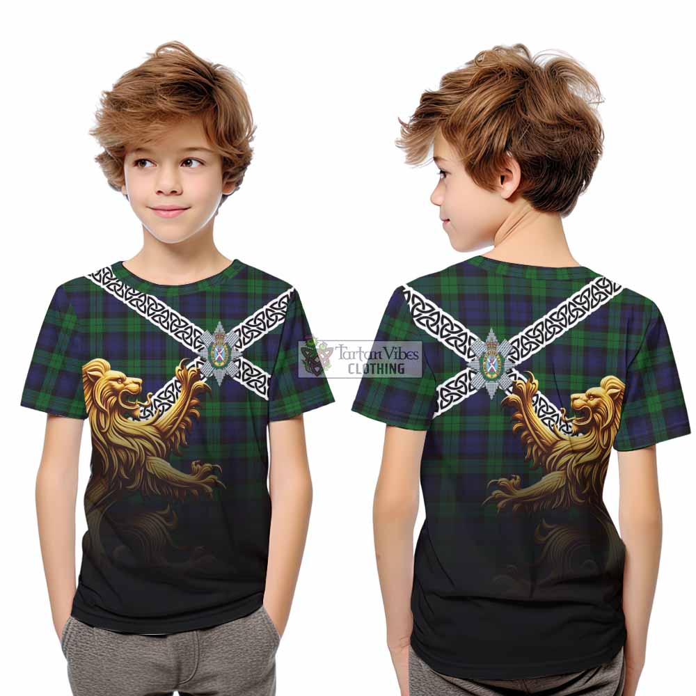 Black Watch Crest Tartan Kid T-Shirt with Golden Lion Emblem Celtic Style - Tartan Vibes Clothing