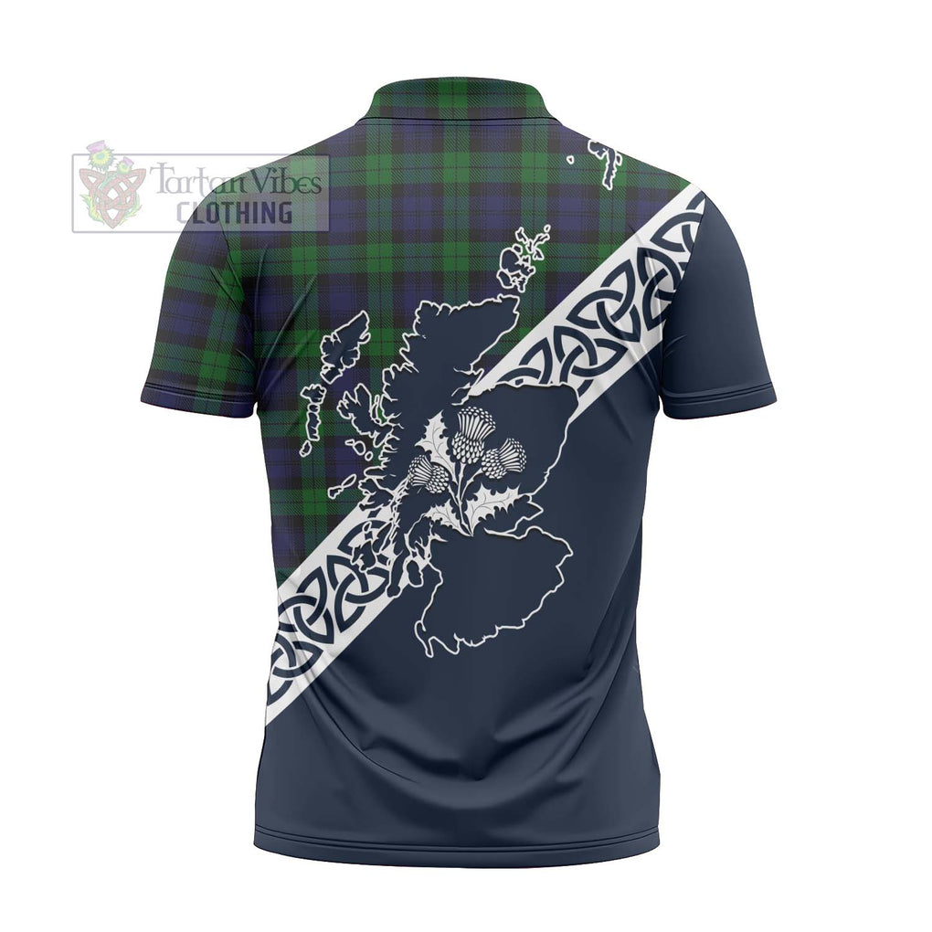 Tartan Vibes Clothing Black Watch Tartan Zipper Polo Shirt Featuring Thistle and Scotland Map