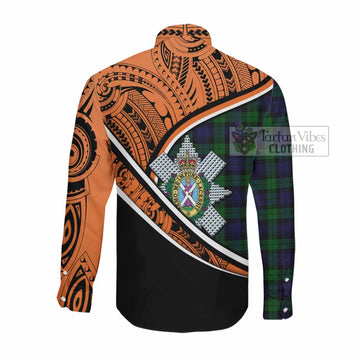 Black Watch Crest Tartan Long Sleeve Button Shirt with Polynesian Vibes Style - Orange Version