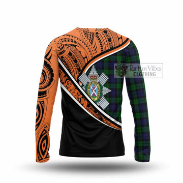 Black Watch Crest Tartan Long Sleeve T-Shirt with Polynesian Vibes Style - Orange Version