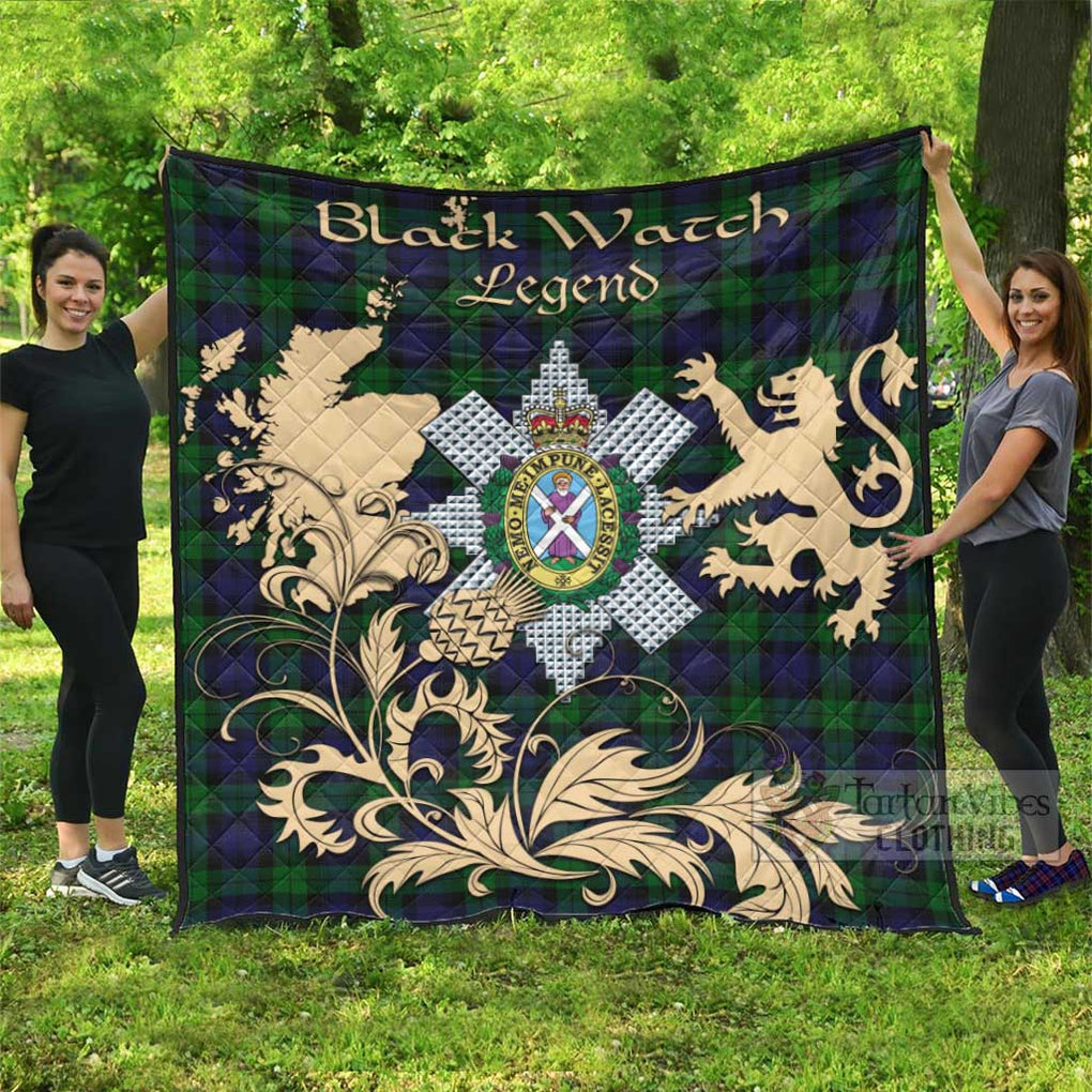 Tartan Vibes Clothing Black Watch Tartan Quilt with Family Crest and Scottish Symbol Style