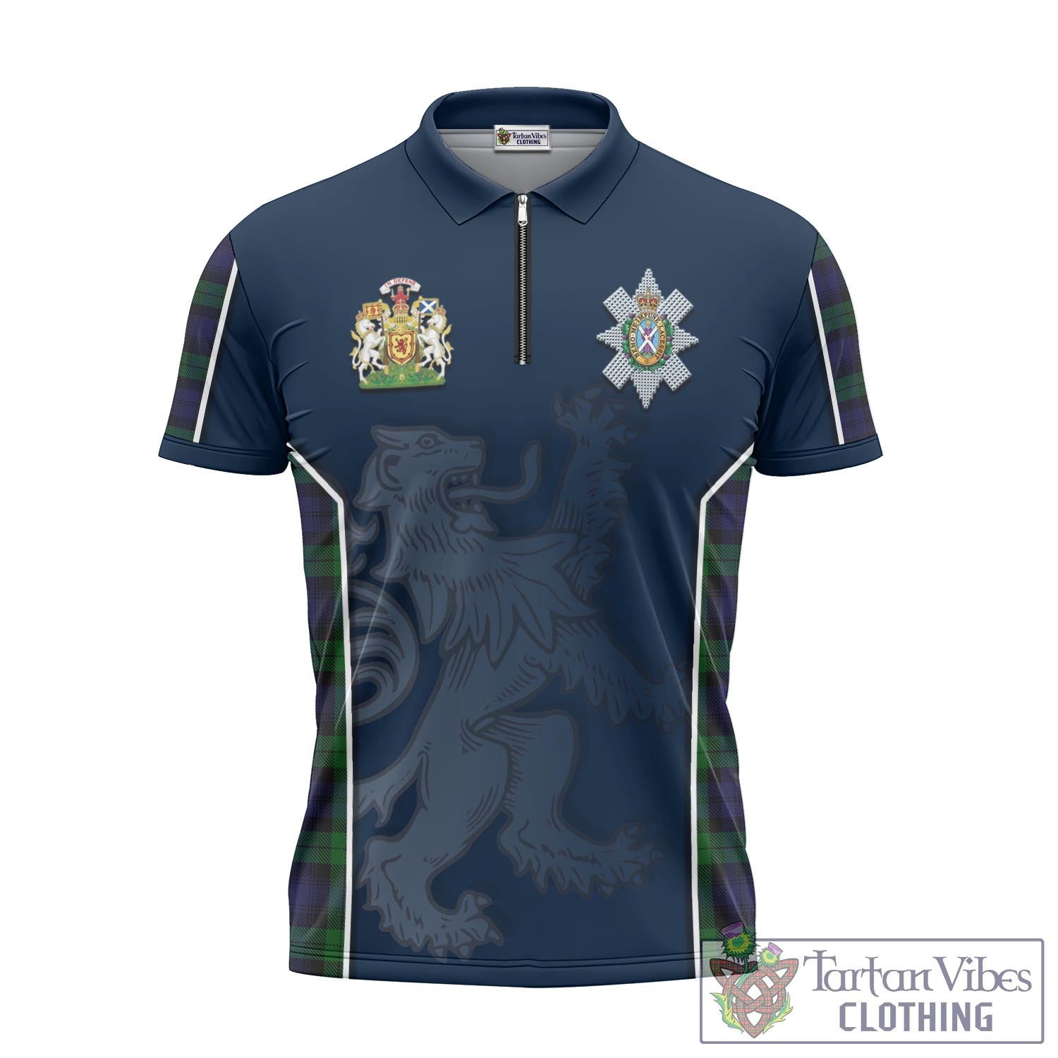 Tartan Vibes Clothing Black Watch Tartan Zipper Polo Shirt with Family Crest and Lion Rampant Vibes Sport Style