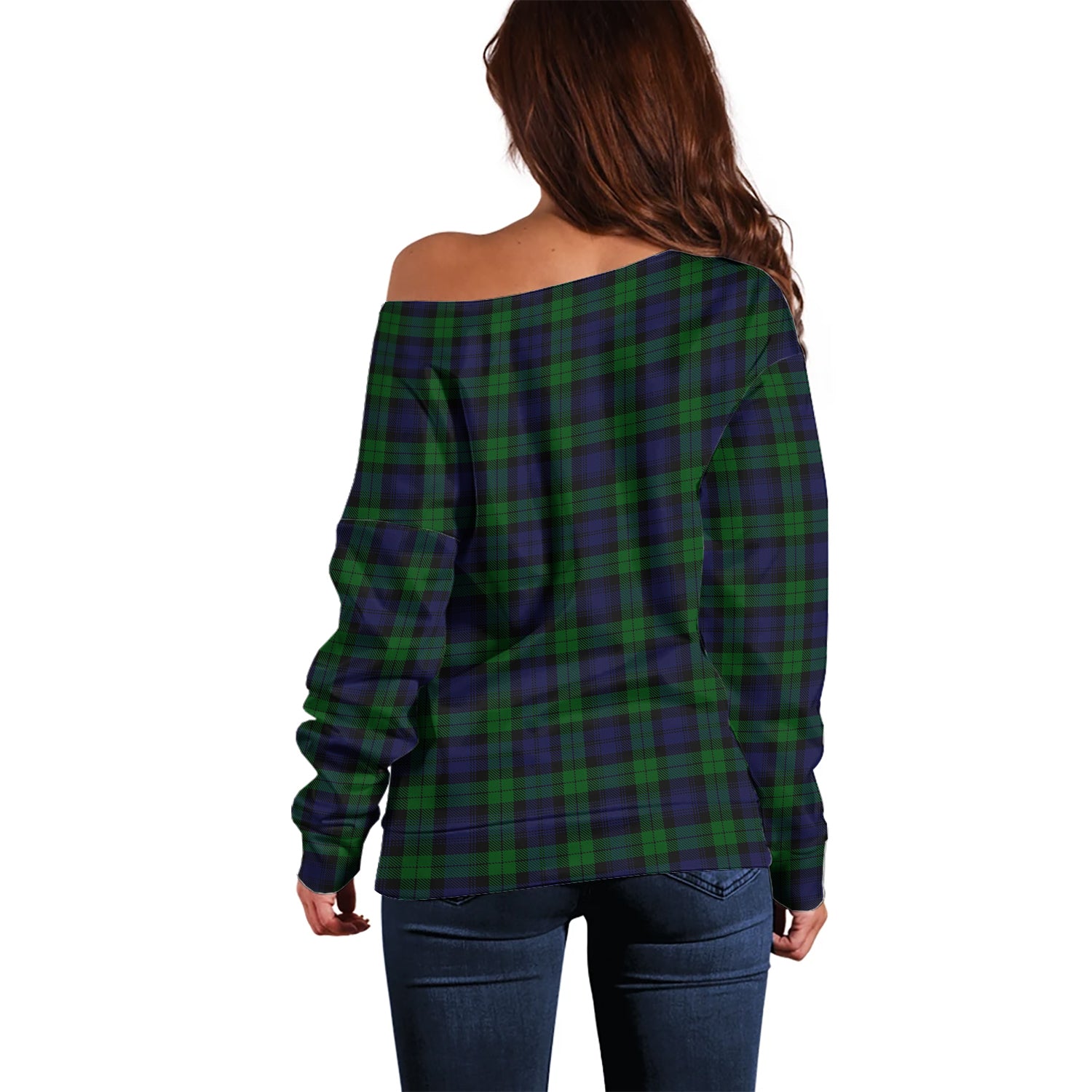 Black Watch Tartan Off Shoulder Women Sweater with Family Crest - Tartanvibesclothing