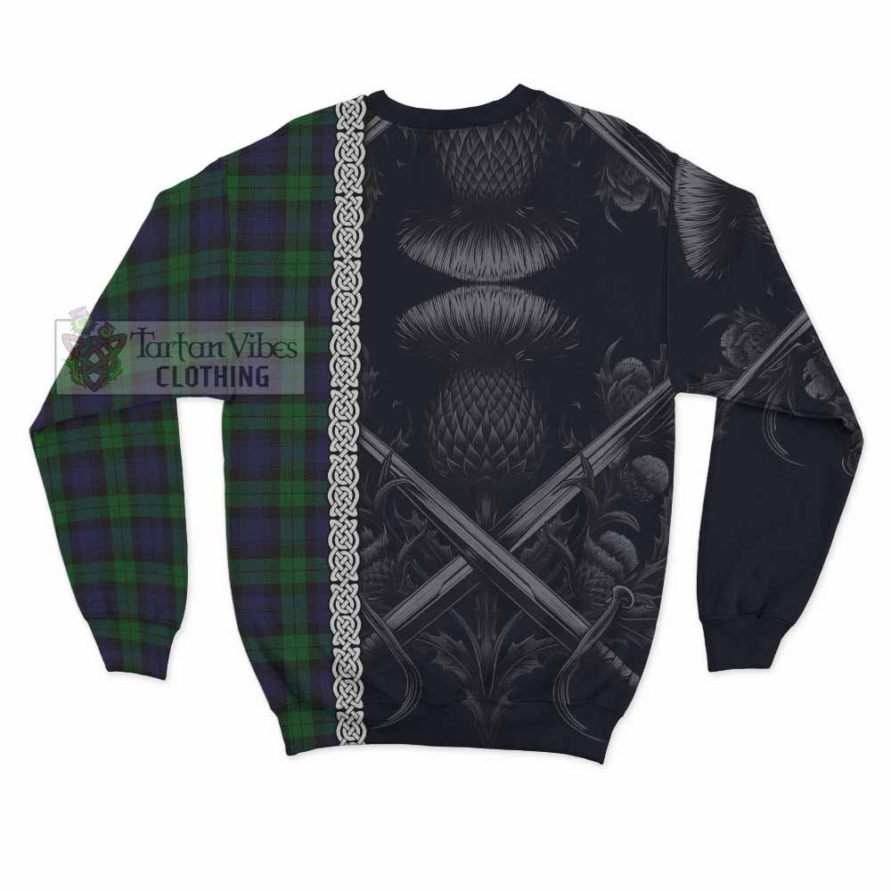 Tartan Vibes Clothing Black Watch Tartan Sweatshirt with Family Crest Cross Sword Thistle Celtic Vibes