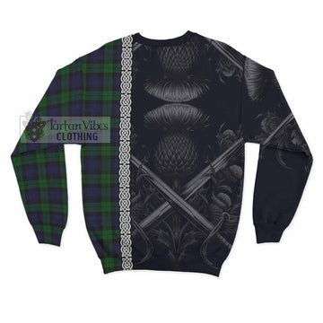 Black Watch Tartan Sweatshirt with Family Crest Cross Sword Thistle Celtic Vibes